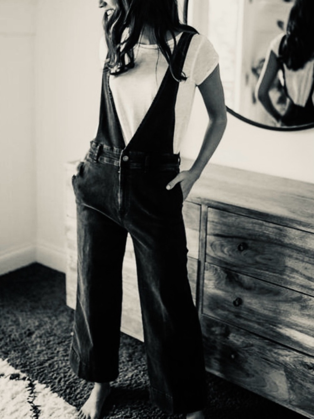 Free People Wide Leg A Line Plunging Black Denim Jean Overalls Size 8
